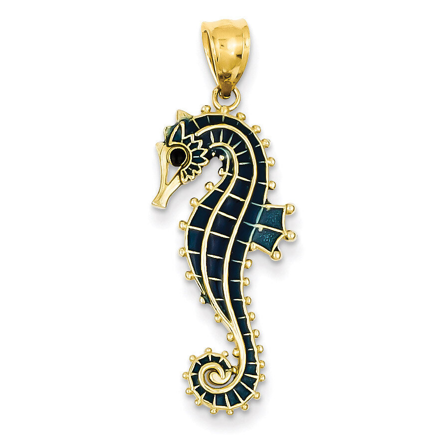 3-D Blue Enameled Seahorse Pendant 14k Gold K4179