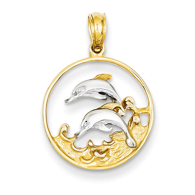 Double Dolphins in Circle Pendant 14K Gold & Rhodium K4186