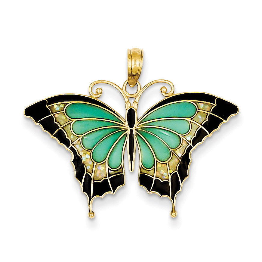 Aqua Stained Glass Wings Butterfly Pendant with Acrylic 14k Gold K4229