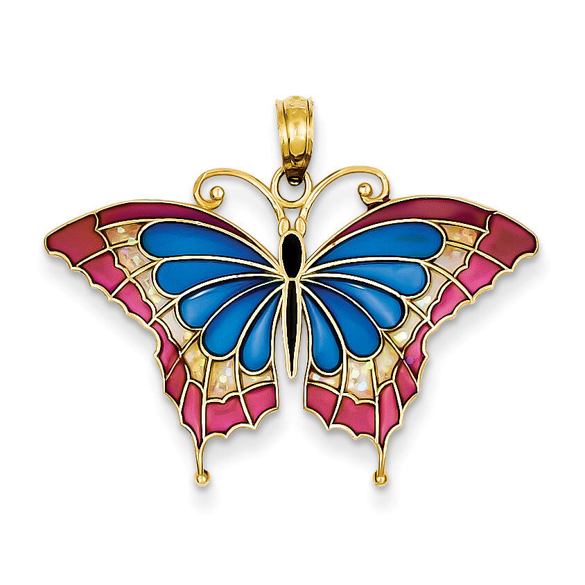 Blue Stained Glass Wings Butterfly Pendant with Acrylic 14k Gold K4230