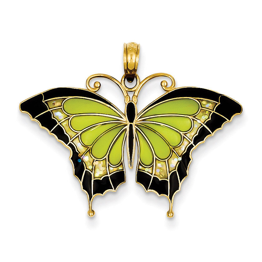 Green Stained Glass Wings Butterfly Pendant with Acrylic 14k Gold K4231
