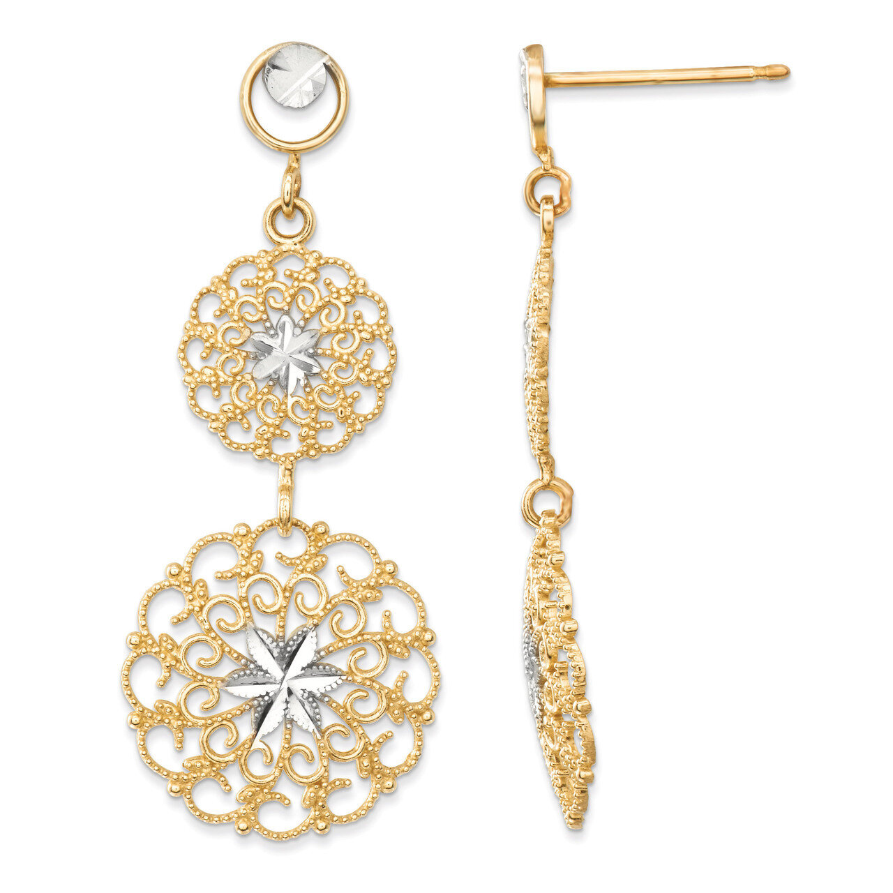 Diamond-cut Filigree Medallion Drop Post Earrings 14K Gold &amp; Rhodium K4345, MPN: K4345, 637218111558