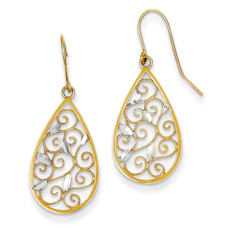 Diamond-cut Filigree Teardrop Wire Earrings 14K Gold &amp; Rhodium K4363, MPN: K4363, 637218139057