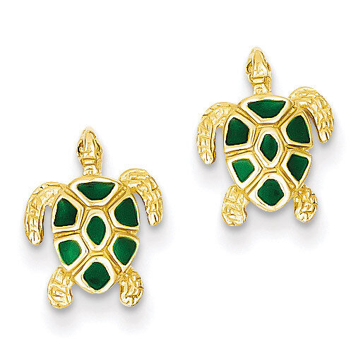 Green Enameled Sea Turtle Post Earrings 14k Gold K4447