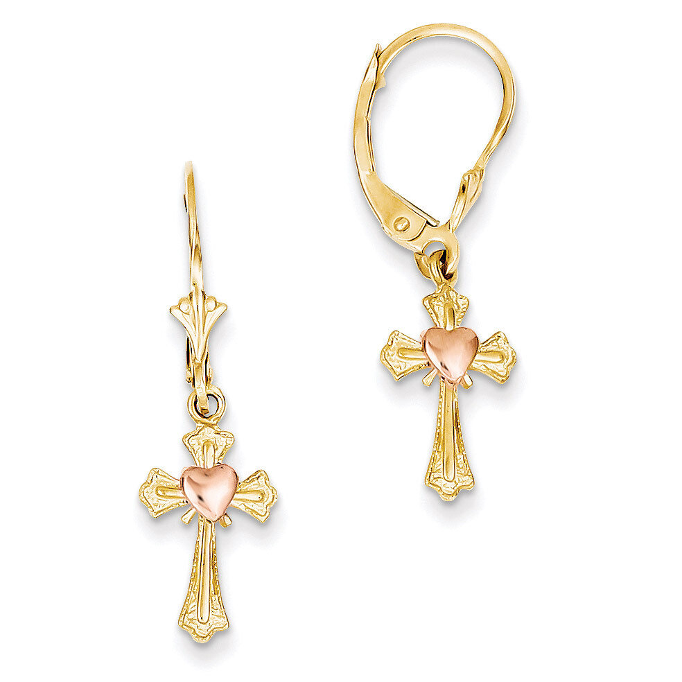 Heart on Cross Leverback Earrings 14k Two-Tone Gold K4528, MPN: K4528, 637218143849