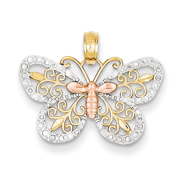 Diamond-cut Butterfly Pendant 14k Yellow & Rose Gold with Rhodium K4832