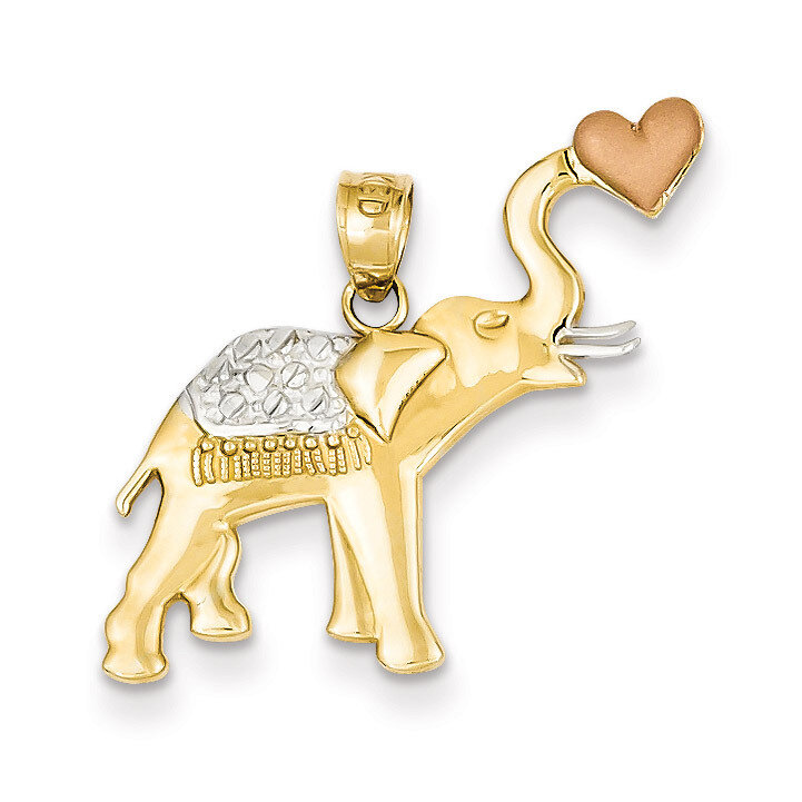 Diamond-cut Elephant with Heart Pendant 14k Yellow & Rose Gold with Rhodium K4864