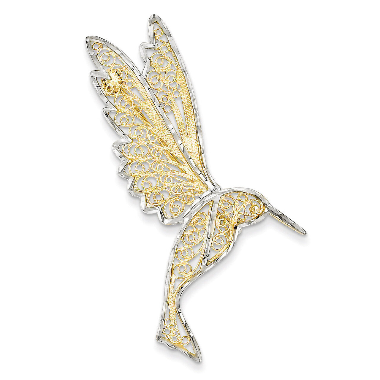 Diamond Cut Filigree Hummingbird Pin 14K Gold & Rhodium PIN168
