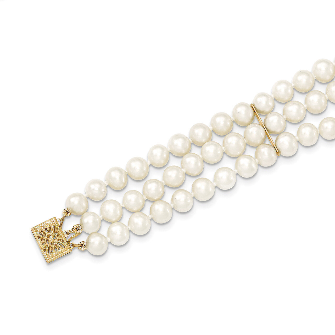 6-6.5mm 3 Strand Cultured Pearl Bracelet 7.5 Inch 14k Gold PR15-7.5