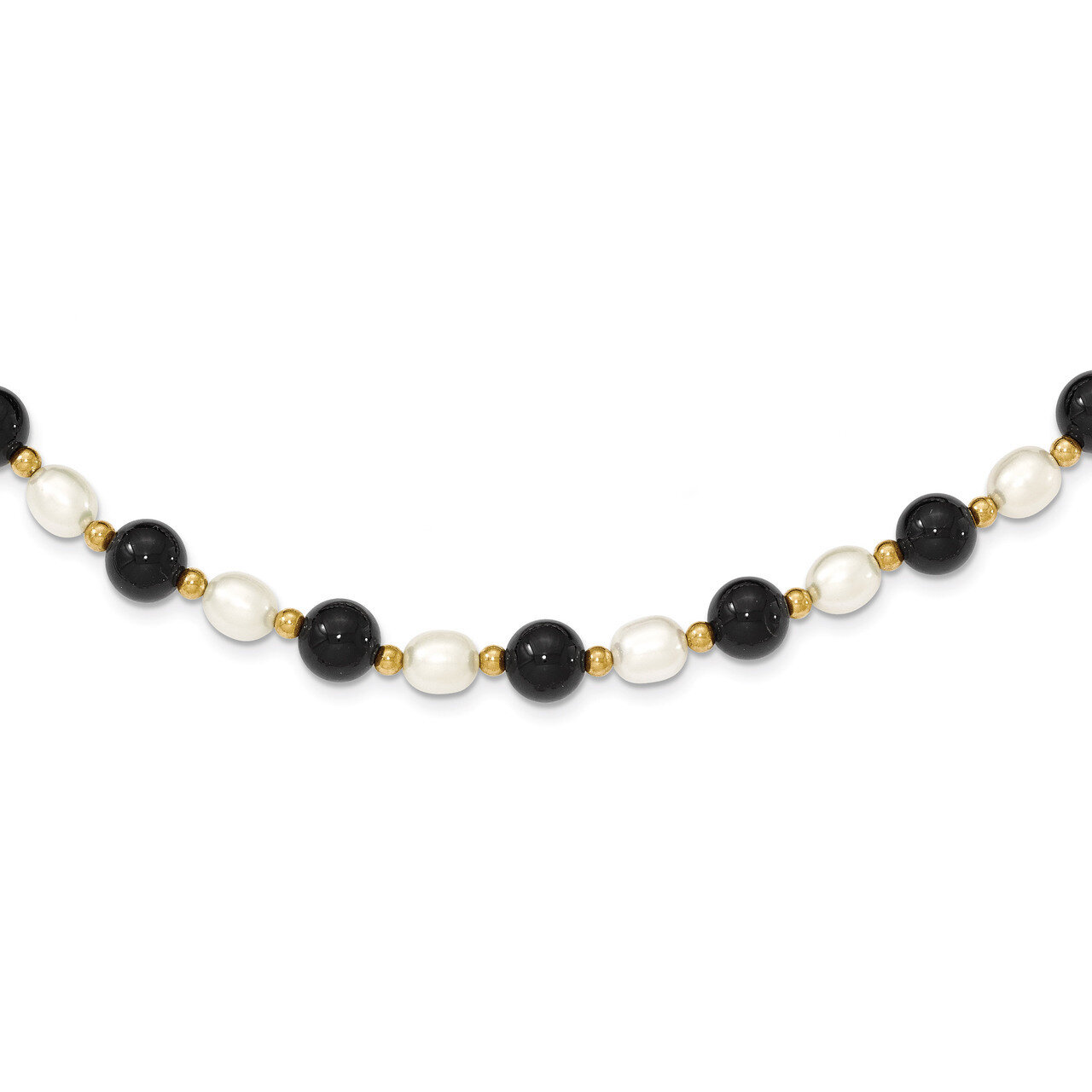 Fancy 6-6.5mm White Cultured Pearl & Onyx Necklace 17 Inch 14k Gold Polished PR34-17