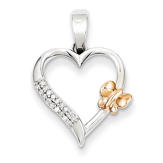 14k Rose Gold Butterfly Diamond Heart Pendant Sterling Silver QP3245