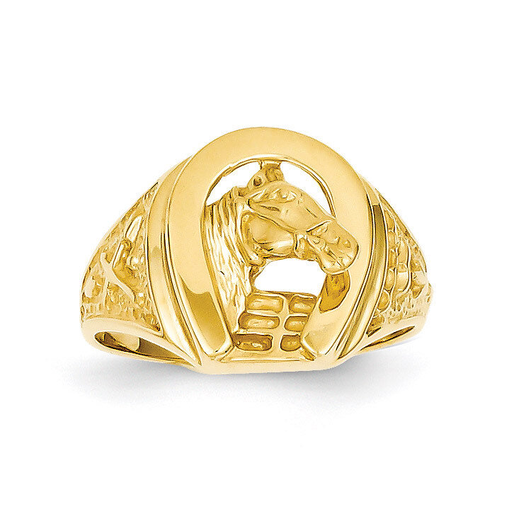 Horseshoe with Horse in Center Ring 14k Gold Polished R1