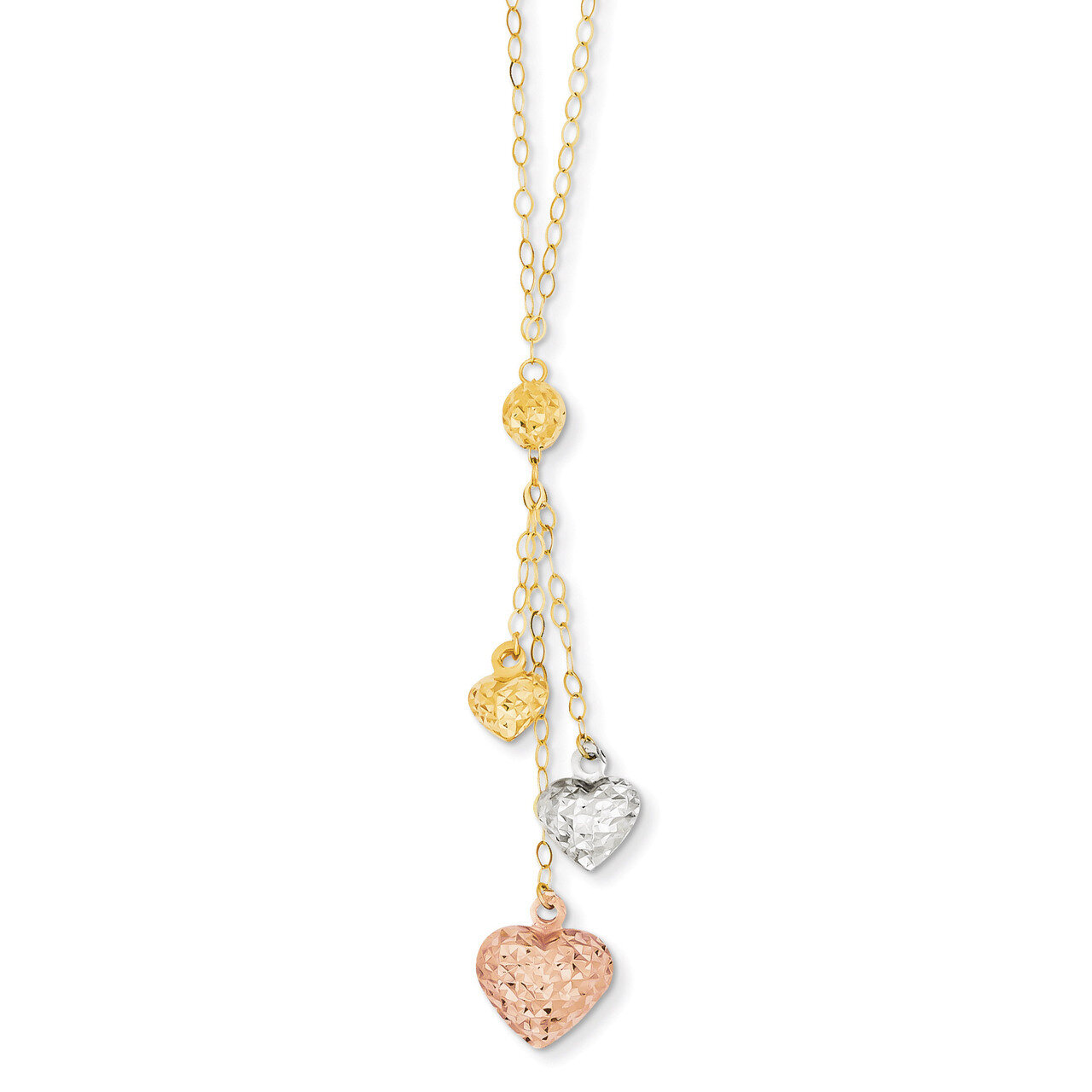 Puff Heart Lariat with 2in ext Necklace 16 Inch 14k Tri-Color Gold SF1879-16