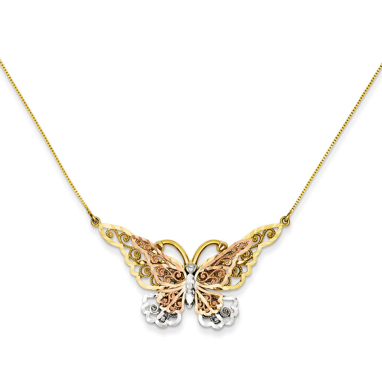 Butterfly Necklace 17 Inch 14k Yellow & Rose Gold with Rhodium SF2042-17