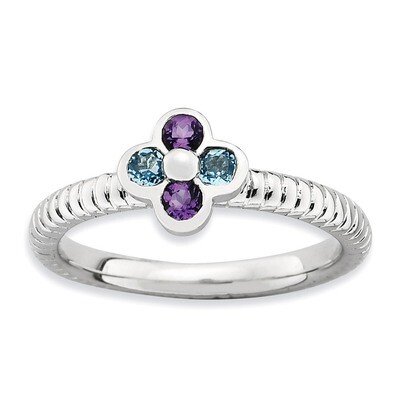 Blue Topaz &amp; Amethyst Flower Ring - Sterling Silver QSK737, MPN: QSK737, 886774177830