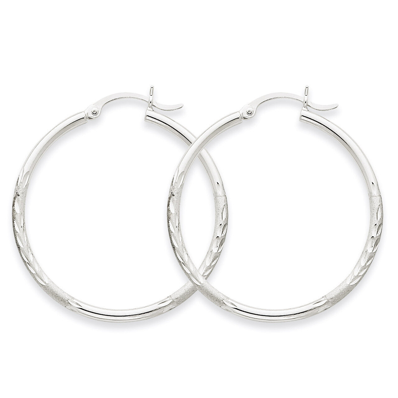 Satin &amp; Diamond-cut 2mm Round Hoop Earrings 14k White Gold TC195, MPN: TC195, 883957288727