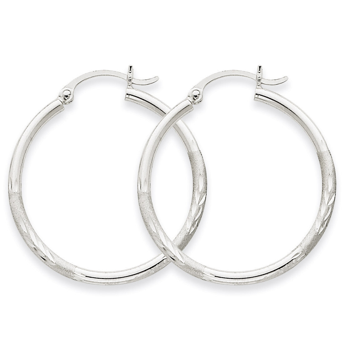 Satin &amp; Diamond-cut 2mm Round Hoop Earrings 14k White Gold TC196, MPN: TC196, 883957288734