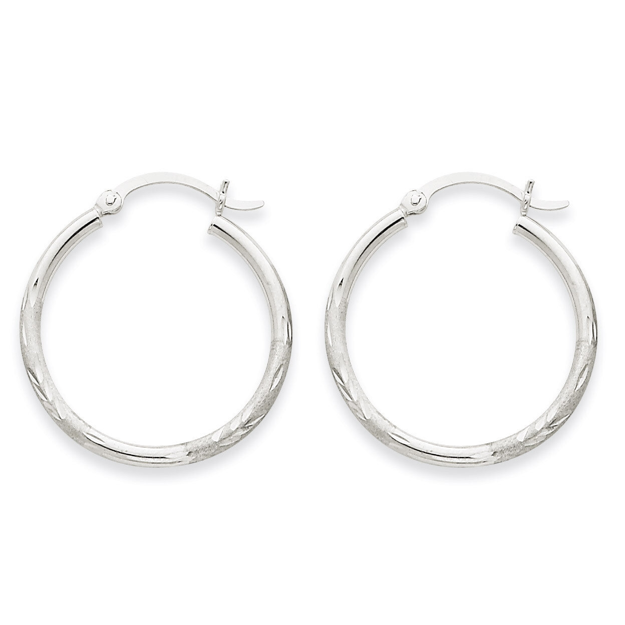Satin &amp; Diamond-cut 2mm Round Hoop Earrings 14k White Gold TC197, MPN: TC197, 883957288741