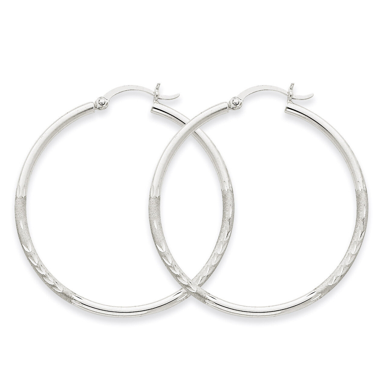 Satin &amp; Diamond-cut 2mm Round Hoop Earrings 14k White Gold TC201, MPN: TC201, 883957288789