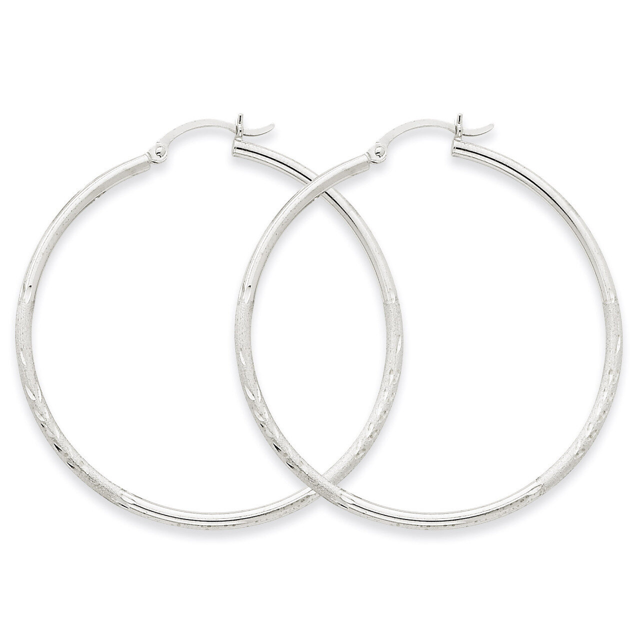 Satin &amp; Diamond-cut 2mm Round Hoop Earrings 14k White Gold TC202, MPN: TC202, 883957288796