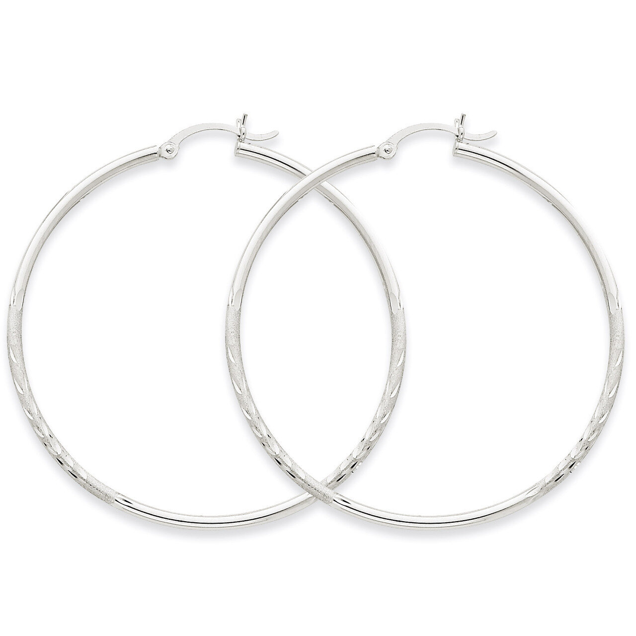 Satin &amp; Diamond-cut 2mm Round Hoop Earrings 14k White Gold TC203, MPN: TC203, 883957288802