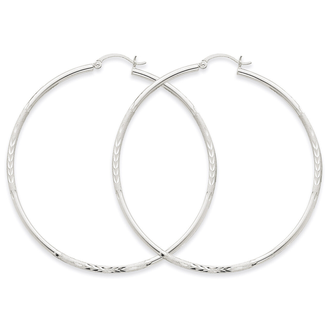 Satin &amp; Diamond-cut 2mm Round Hoop Earrings 14k White Gold TC205, MPN: TC205, 883957288826