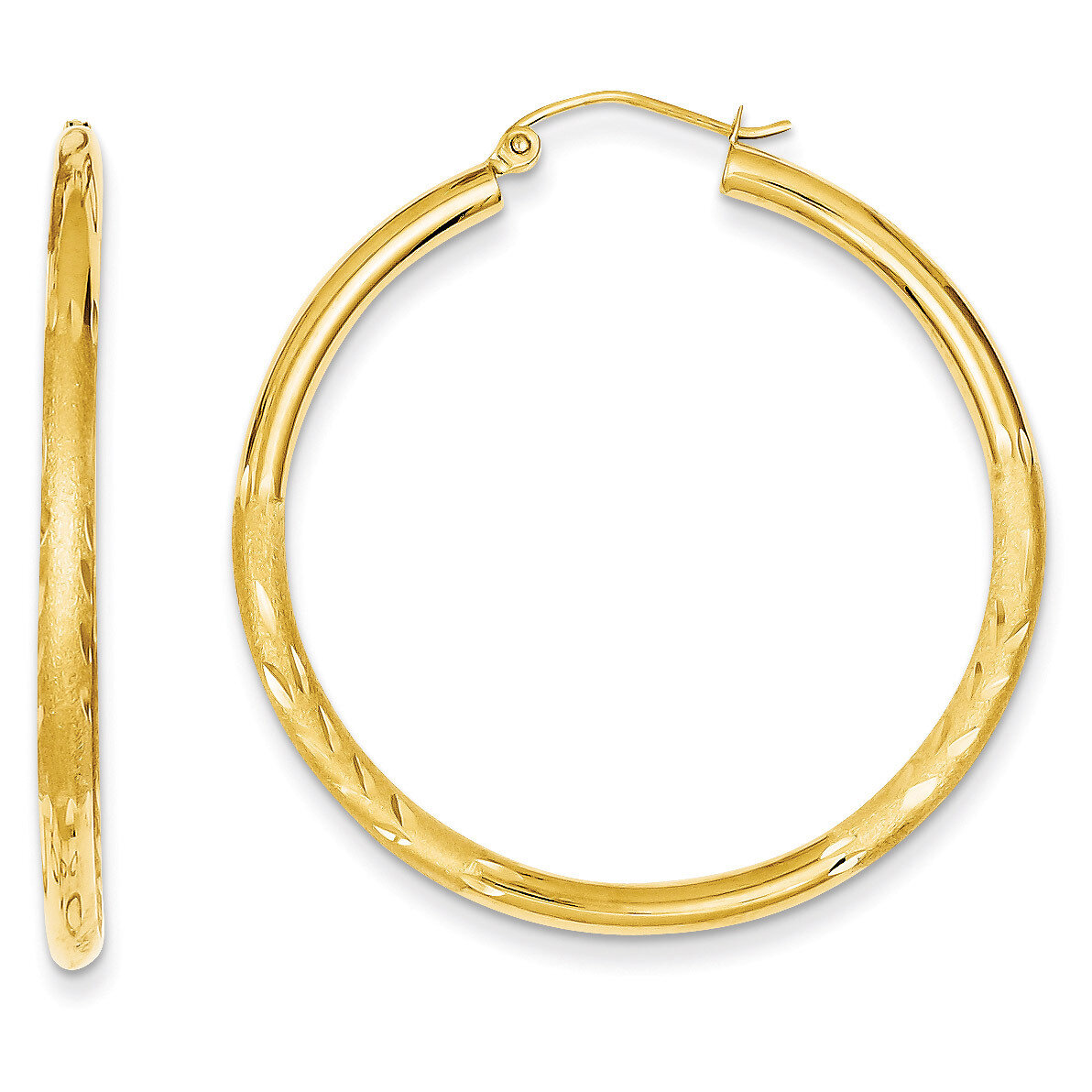 Satin & Diamond-cut 2.5mm Round Hoop Earrings 14k Gold TC241