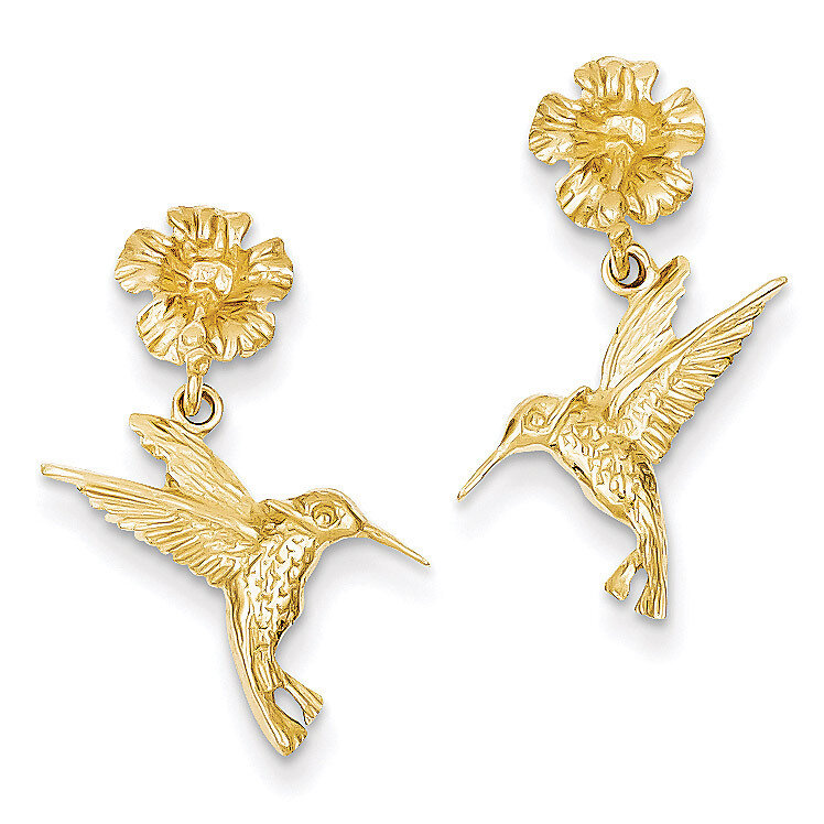 Hummingbird Dangles from Flower Post Earrings 14k Gold TC624