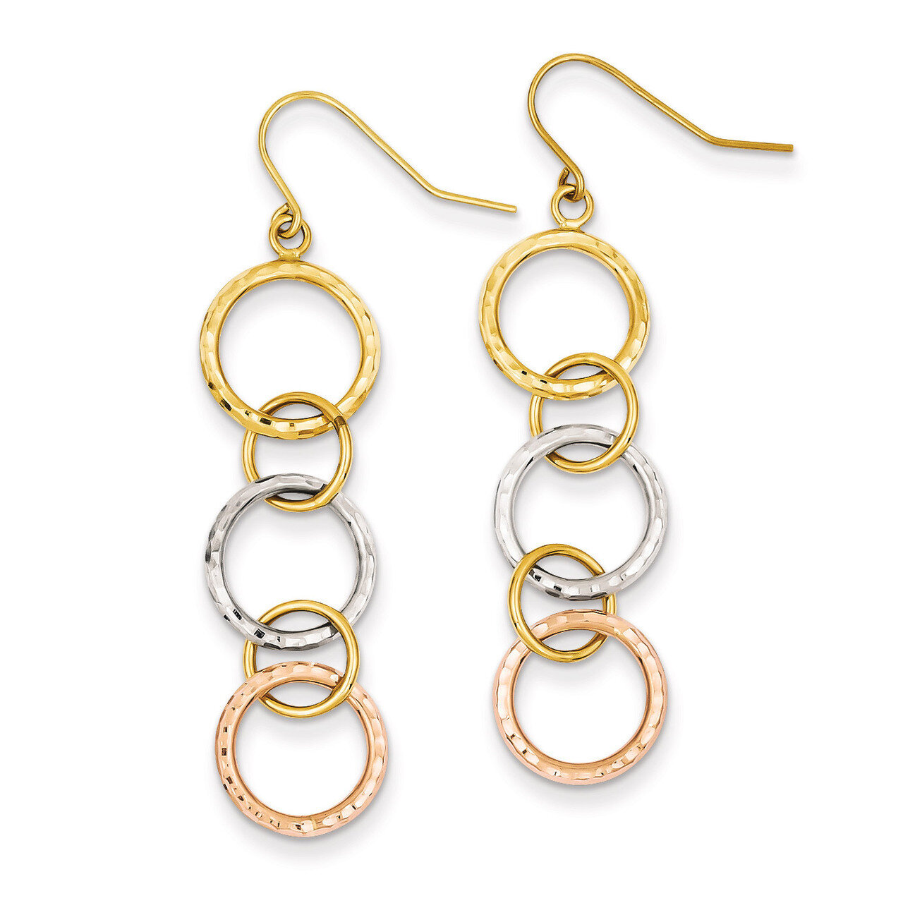 Diamond Cut Circle Dangle Earrings 14k Tri-Color Gold TH521