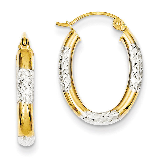 3mm Diamond Cut Oval Hollow Hoop Earrings 14K Gold &amp; Rhodium TL659, MPN: TL659, 883957027012
