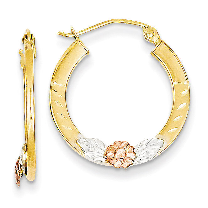 Diamond Cut Flower Hoop Earrings 14k Yellow & Rose Gold with Rhodium TL745