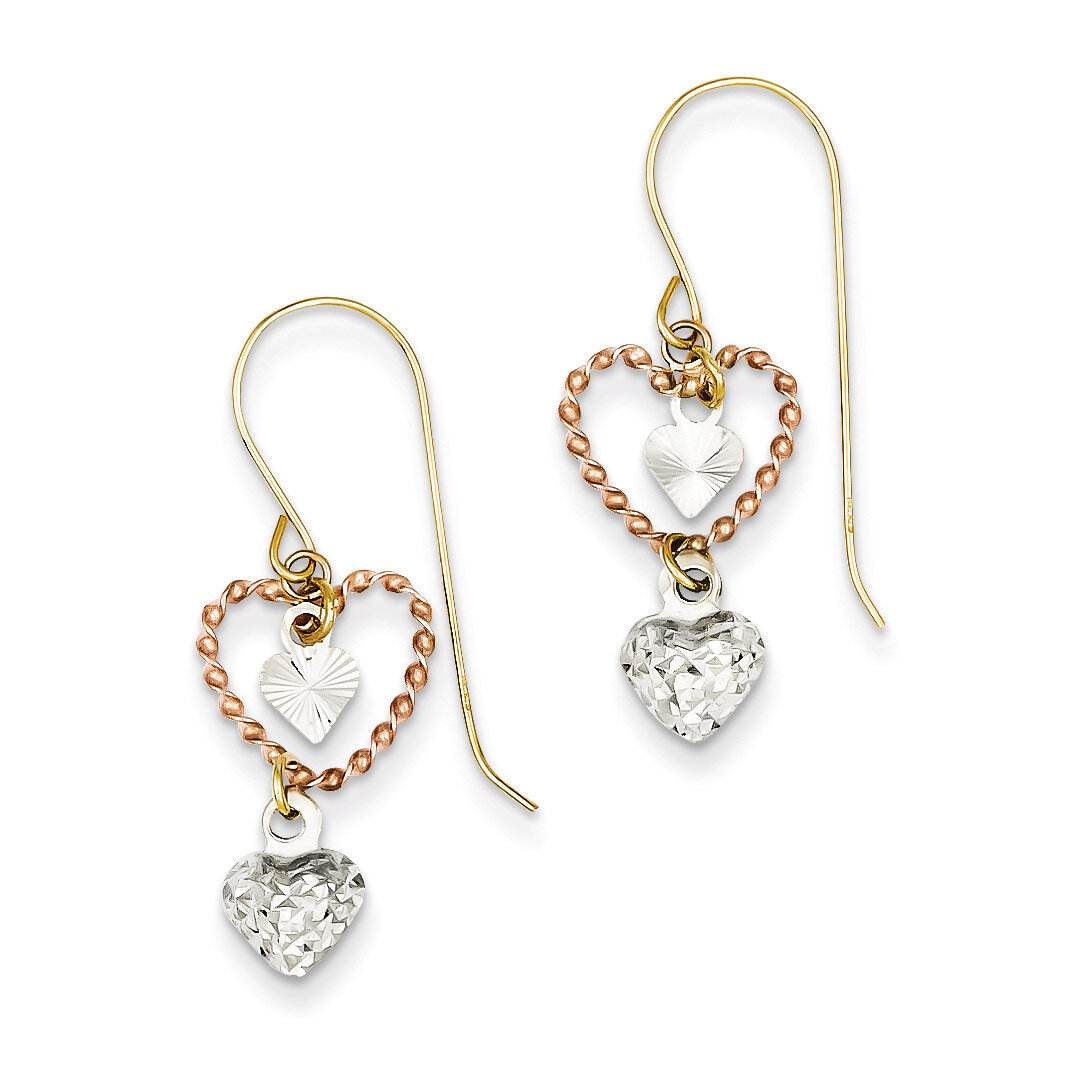 Diamond Cut Heart Dangle Earrings 14k Tri-Color Gold TL966