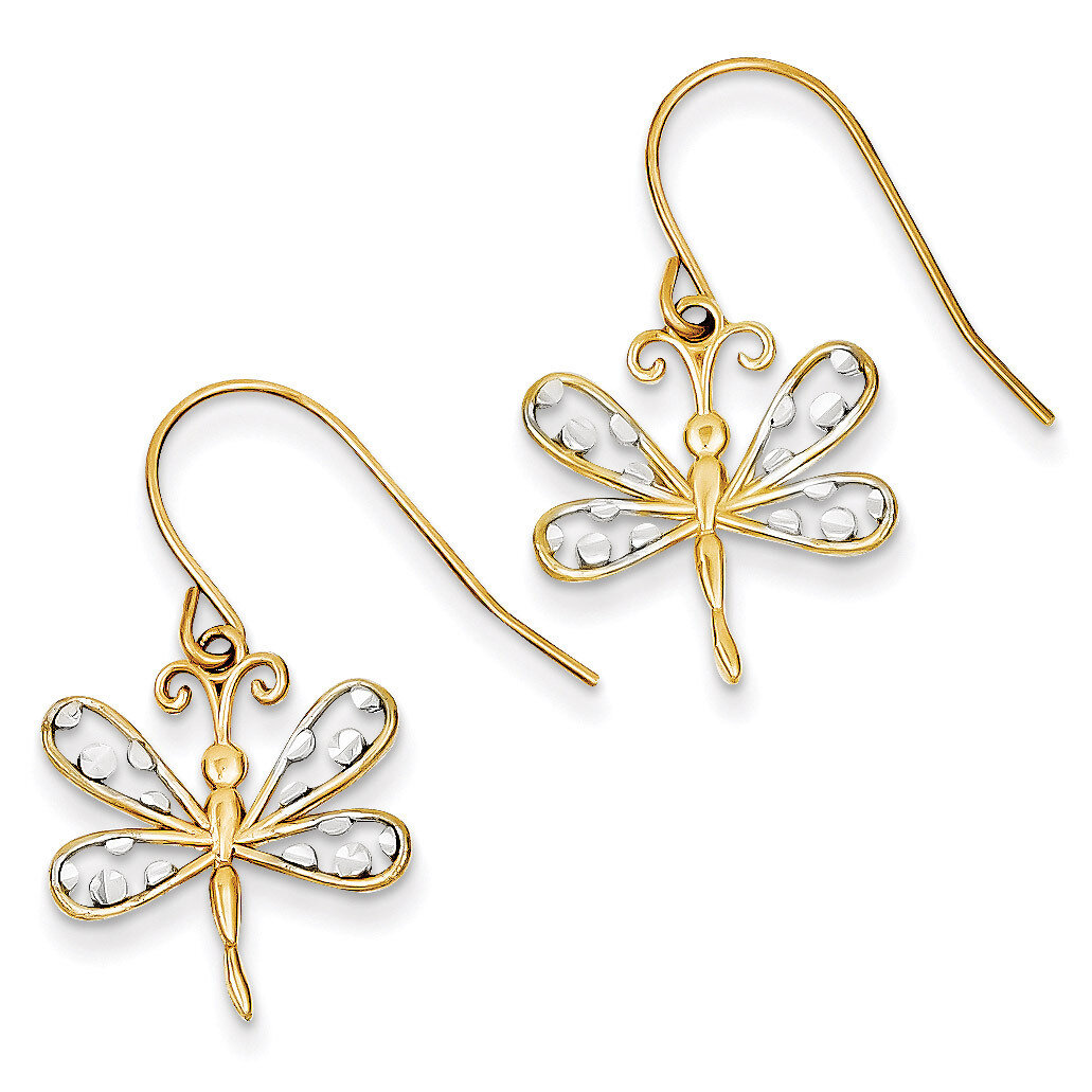 Diamond-cut Dragonfly Shepherd Hook Earrings 14K Gold & Rhodium TM747