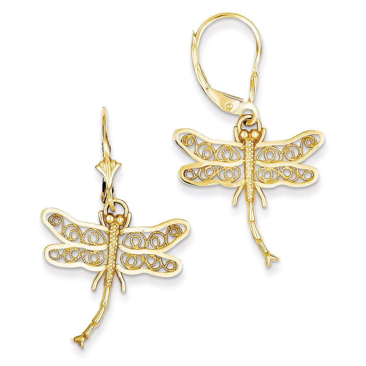 Dragonfly with Filigree Wings Leverback Earrings 14k Gold TM750