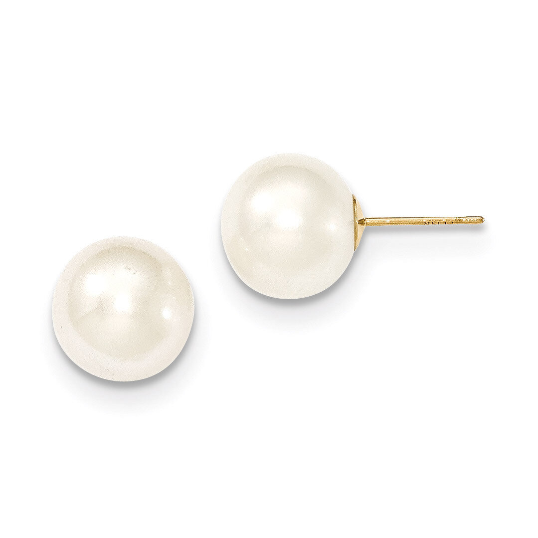 10-11mm White Round Cultured Pearl Stud Earrings 14k Gold X100PW