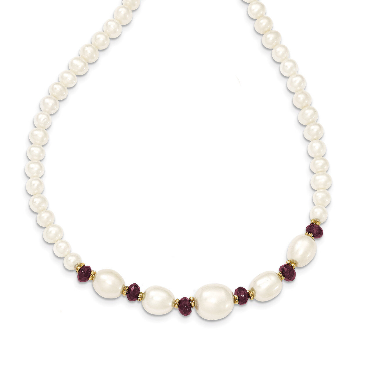 Fresh Water Cultured Pearl and Faceted Garnet Bead Necklace 18 Inch 14k Gold XF443-18