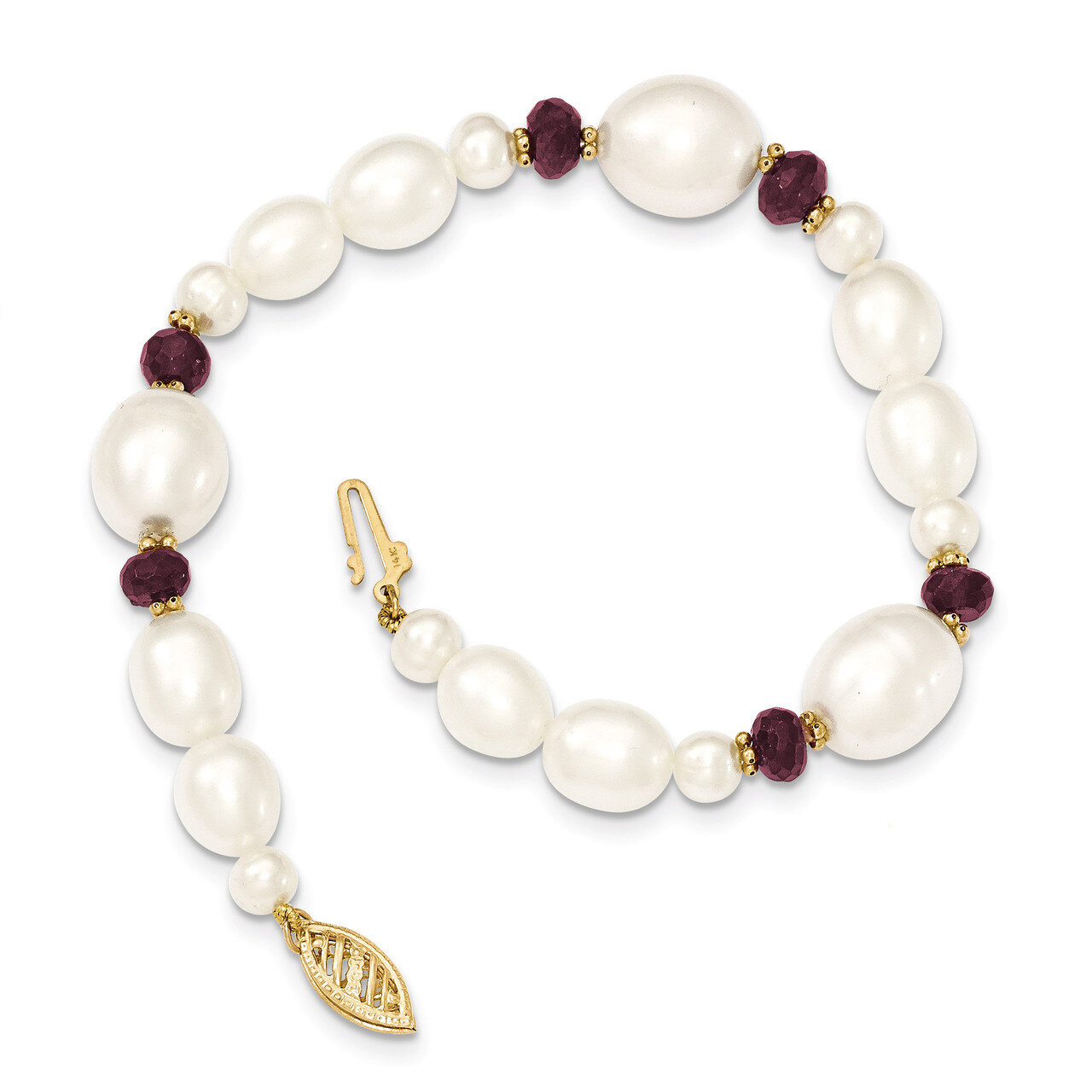 Fresh Water Cultured Pearl and Faceted Garnet Bead Bracelet 7.25 Inch 14k Gold XF444-7.25