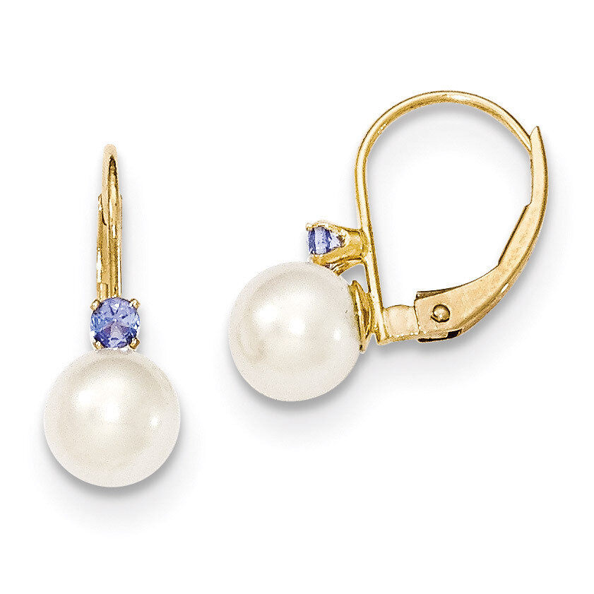 6-6.5mm White Cultured PEarringsl &amp; .10ct. Tanzanite Leverback Earrings 14k Gold XLB60T/PL, MPN: XL…