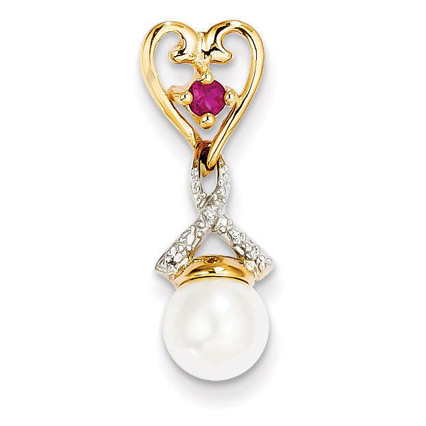 Diamond 8-9mm Round Cultured Pearl Created African Ruby Pendant 14k Gold XP4166