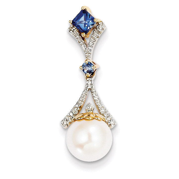 Diamond 8-9mm Round Cultured Pearl Created Sapphire Pendant 14k Gold XP4168