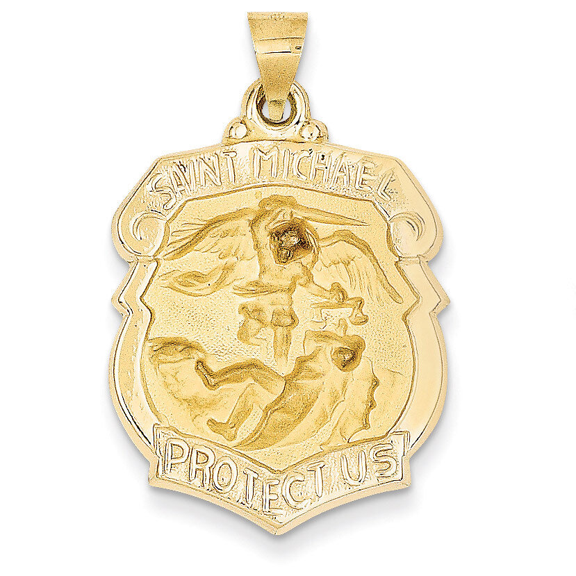 Saint Michael Badge Medal Pendant 14k Gold Polished and Satin XR1306