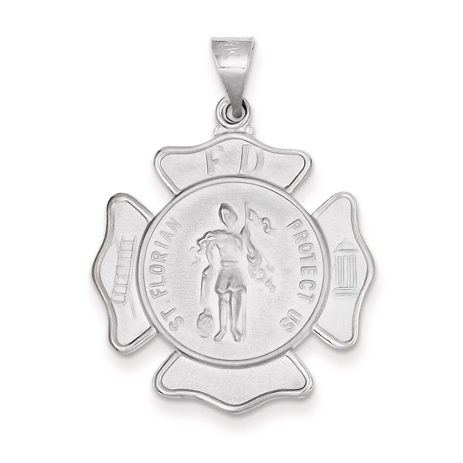 Polished and Satin Saint Florian Badge Medal Penant 14k White Gold XR1316