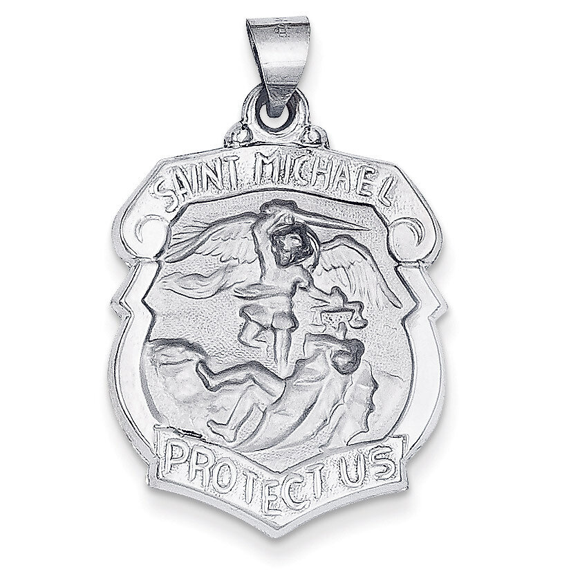 Polished and Satin Saint Michael Badge Medal Pendant 14k White Gold XR1369
