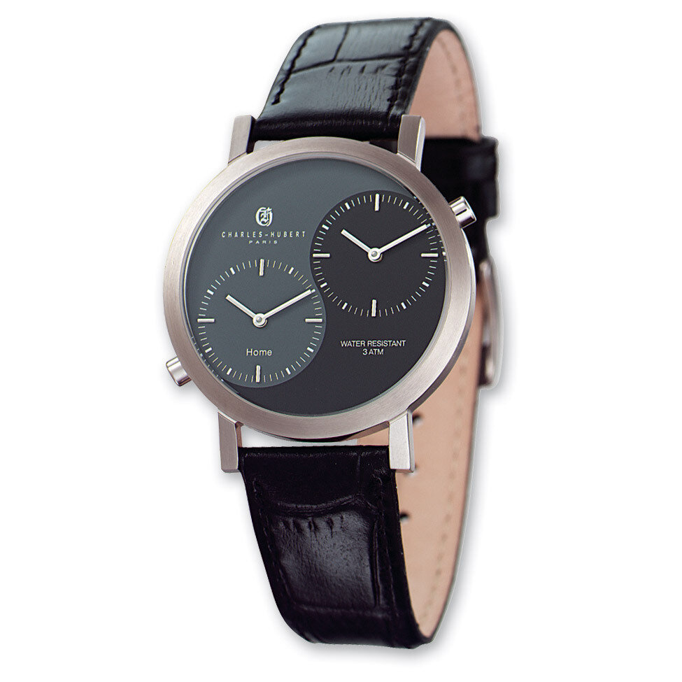Mens Charles Hubert Leather Black Gray 37mm Dial Dual Time Watch XWA567