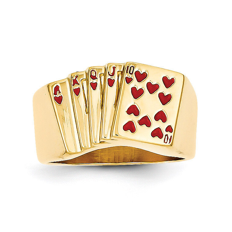 Enameled Royal Flush in Hearts Mens Ring 14k Gold Y1569
