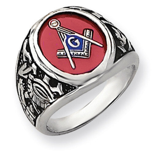 Men's Synthetic Ruby Masonic Ring 14k White Gold Y4071M