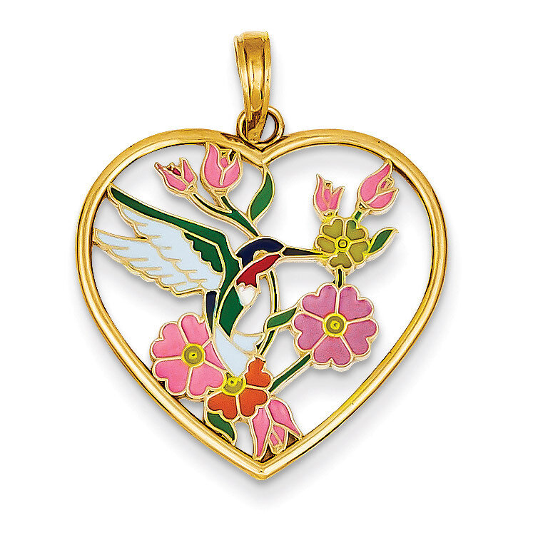 Enameled Hummingbird with Flowers Heart Pendant 14k Gold YC957