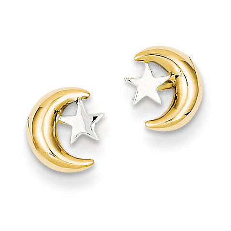Moon & Star Post Earrings 14k Gold Polished & Rhodium YE325