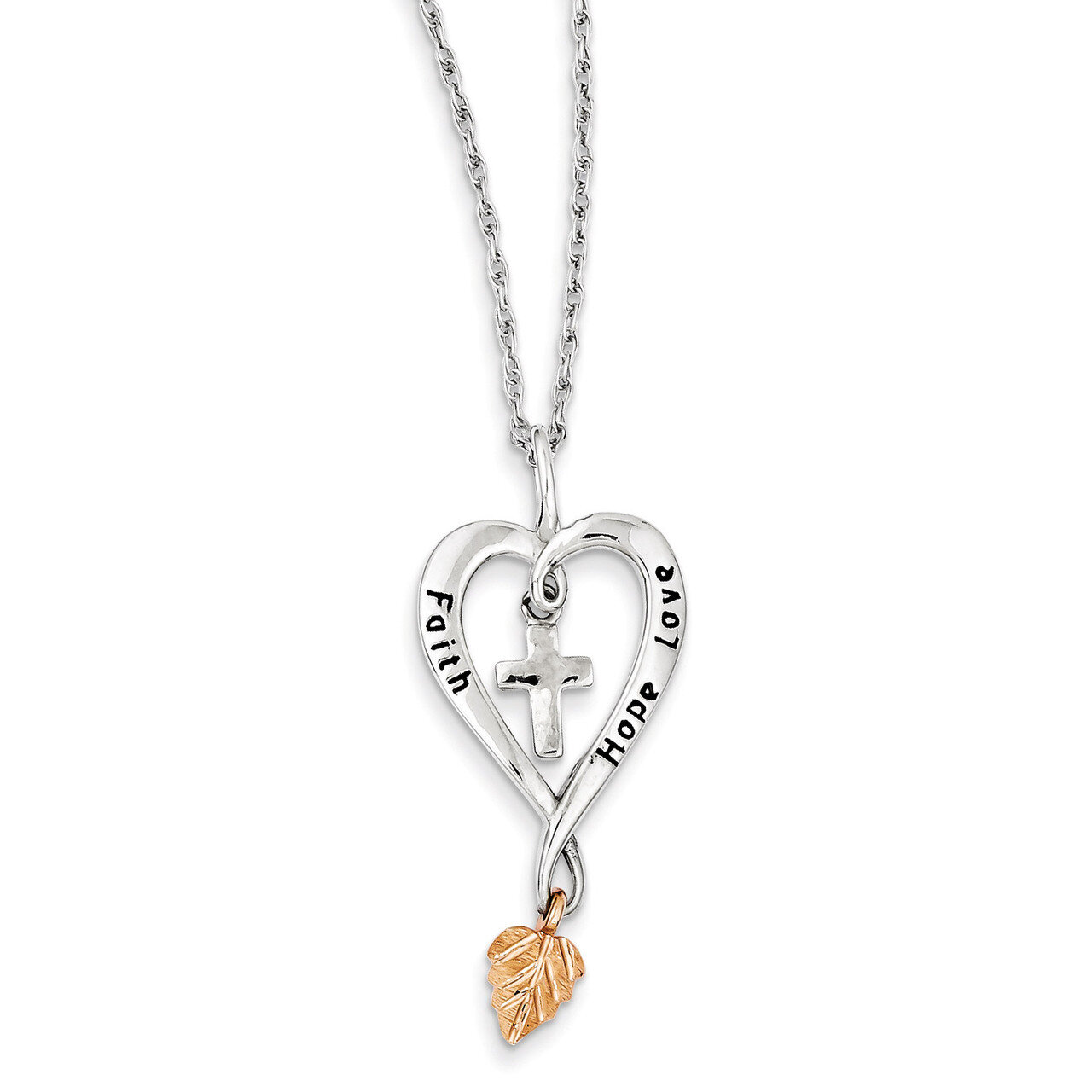18 Inch 12k Gold Rose Leaf Faith, Hope, Love Heart Necklace Sterling Silver QBH180-18, MPN: QBH180-…