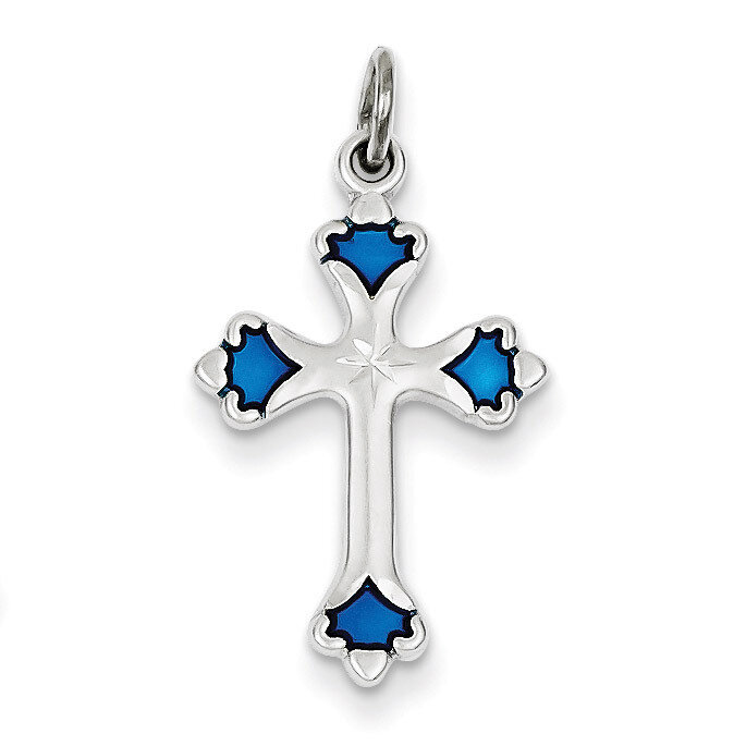 Blue Enameled Budded Cross Charm Sterling Silver QC3341